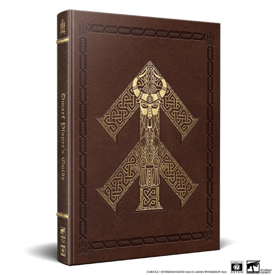 Warhammer Fantasy Roleplay: Dwarf Player's Guide Collectors Edition - Brown leather-bound Warhammer Fantasy Roleplay Dwarf Player's Guide with embossed gold dwarf rune and intricate embossed.