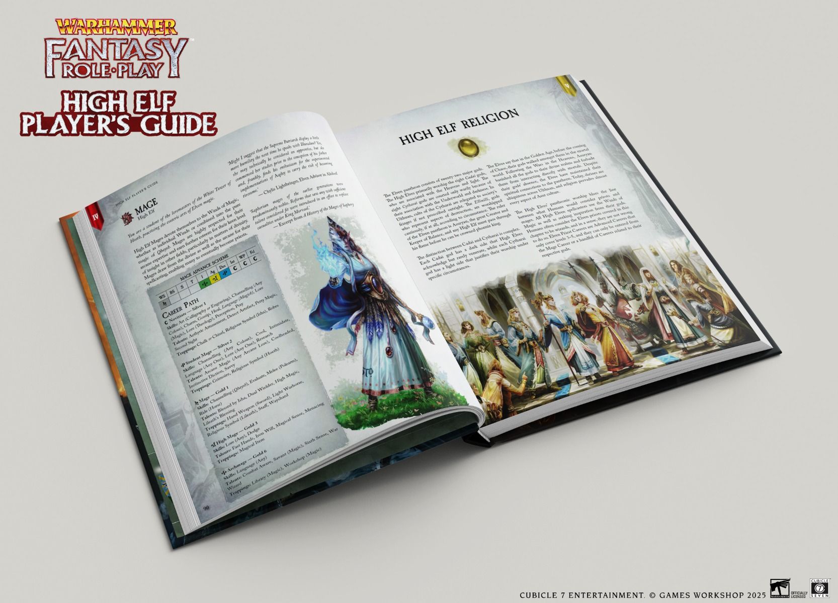 Warhammer Fantasy Roleplay: High Elf Player's Guide - Open hardcover book with detailed fantasy artwork on one page and dense RPG text with tables on the other, bright colors and