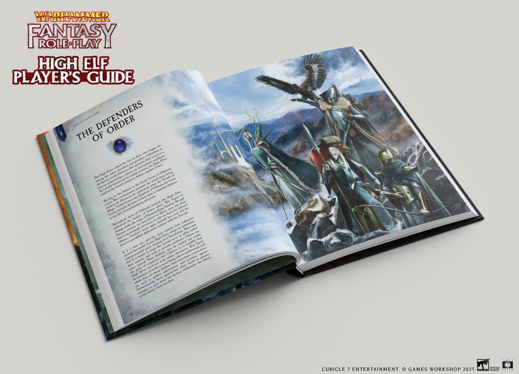 Warhammer Fantasy Roleplay: High Elf Player's Guide - Open Warhammer Fantasy Roleplay book showing high elf artwork with blue and silver tones on right page and text on left page.