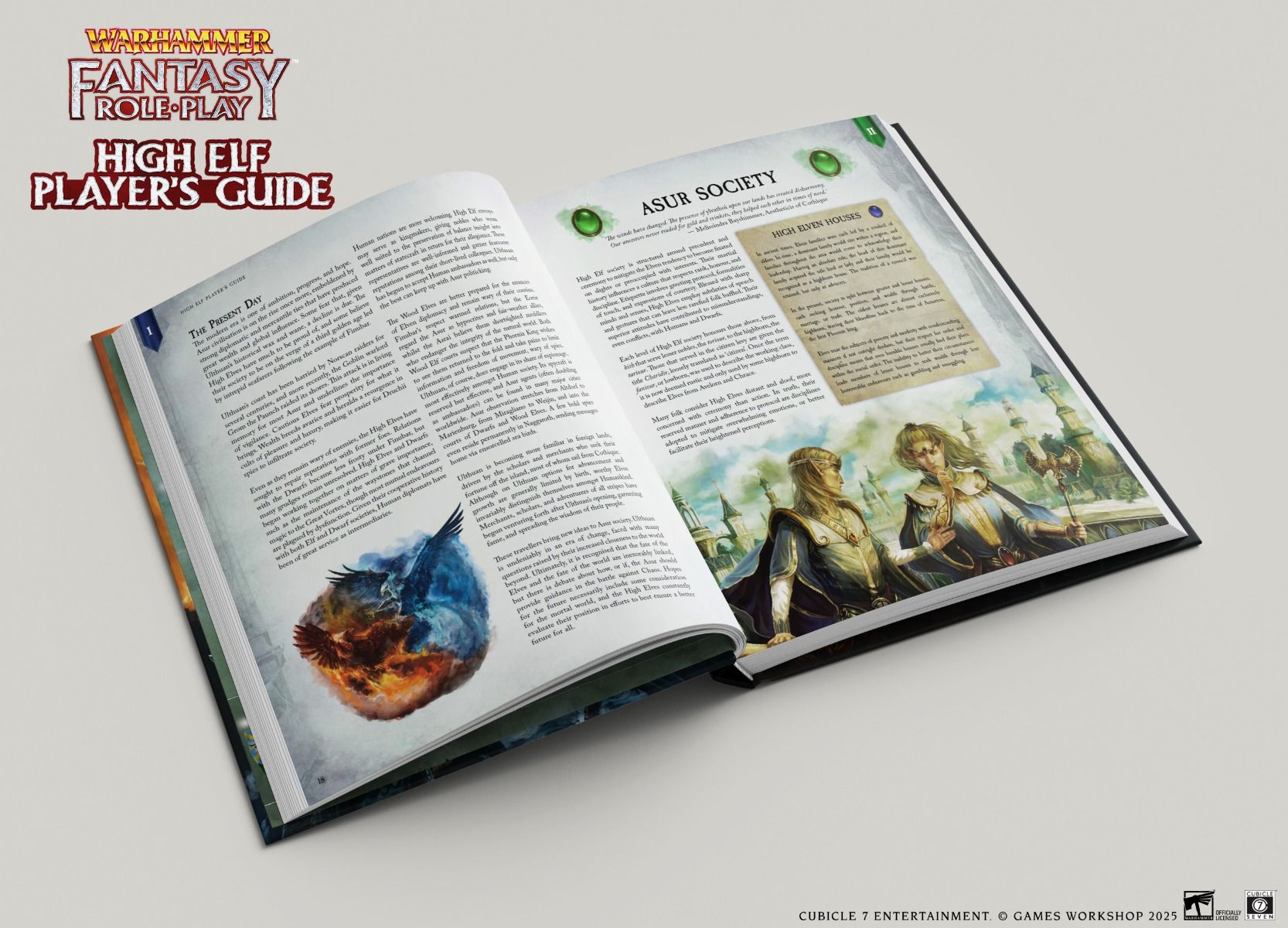 Warhammer Fantasy Roleplay: High Elf Player's Guide Collectors Edition - Open hardcover book showing detailed text and colorful fantasy artwork, with "Warhammer Fantasy Roleplay High Elf Player's.