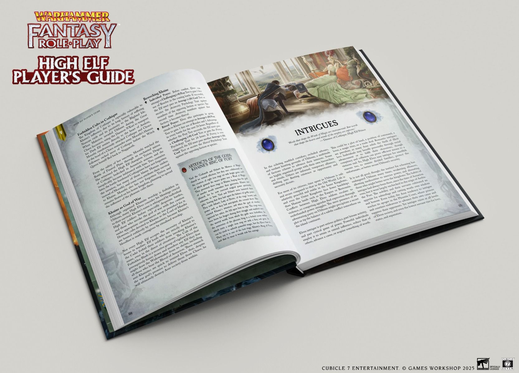 Warhammer Fantasy Roleplay: High Elf Player's Guide Collectors Edition - Open hardcover book with detailed text and full-color fantasy artwork on glossy pages, featuring a High Elf theme.