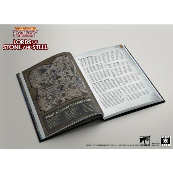 Warhammer Fantasy Roleplay: Lords of Stone and Steel Collector's Edition - Hardcover RPG book open to a map and two-page text spread, dark decorative cover edges visible.