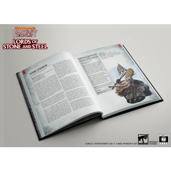 Warhammer Fantasy Roleplay: Lords of Stone and Steel Collector's Edition - Open hardcover RPG book featuring detailed text and a color illustration of a warrior figure wielding an axe and shield.