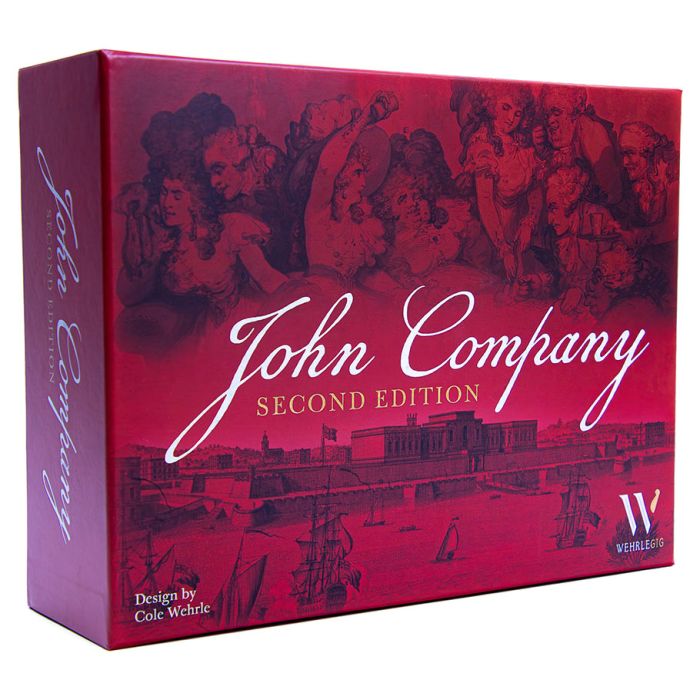 John Company: 2nd Edition - Red rectangular board game box with vintage-style line art and white cursive text reading John Company Second Edition.