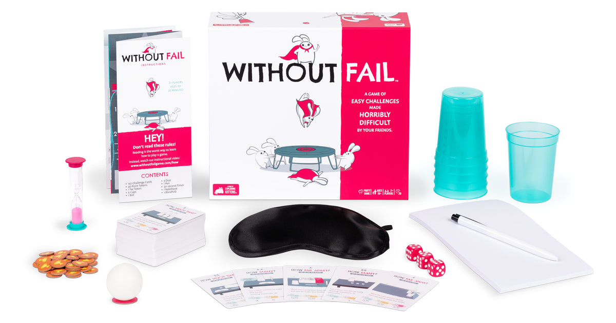 Without Fail - Without Fail party game set with red and white box, blue plastic cups, black blindfold, cards, timer, tokens, and white.