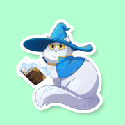 Wizard Class D&D Cat Sticker - White cat wearing a blue wizard hat and cloak, holding a glowing spellbook sticker.