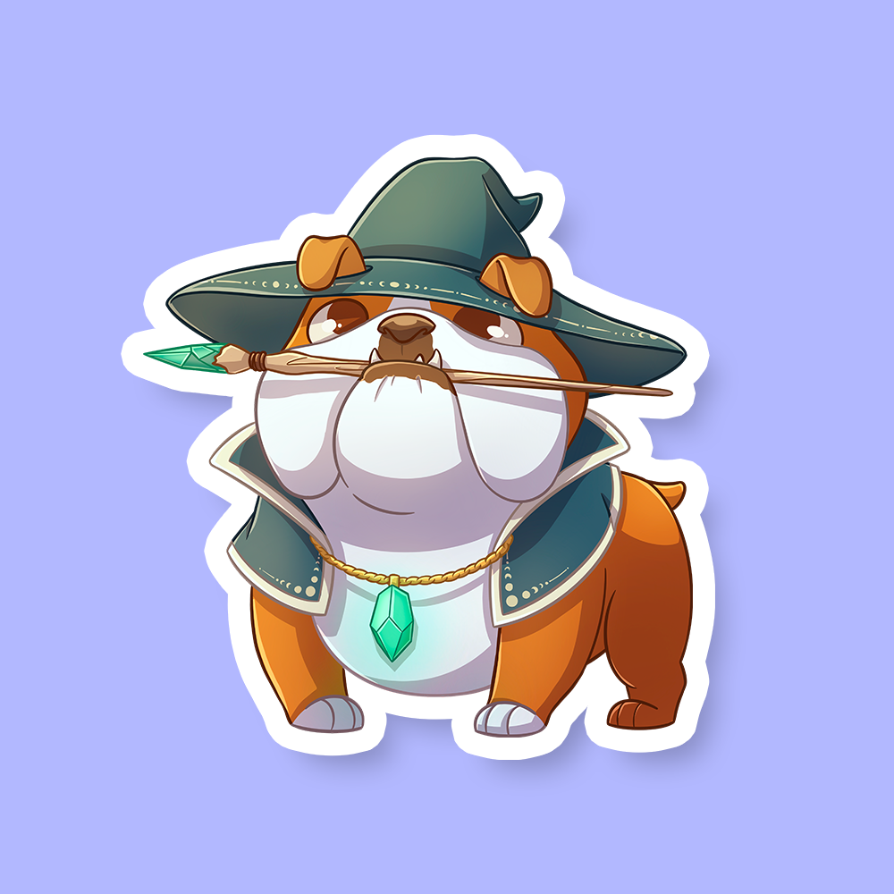 Wizard Class D&D Dog Sticker - Brown and white bulldog wearing a green wizard hat and cloak with a glowing turquoise pendant sticker.