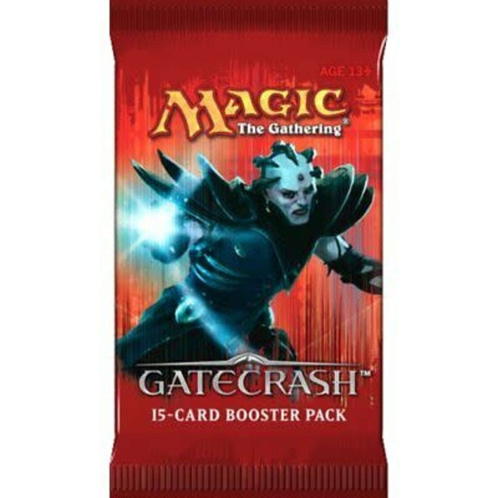 Magic: The Gathering - Gatecrash Booster Pack - The Gathering Gatecrash booster pack featuring a blue-skinned warrior casting a spell on a red and black background.