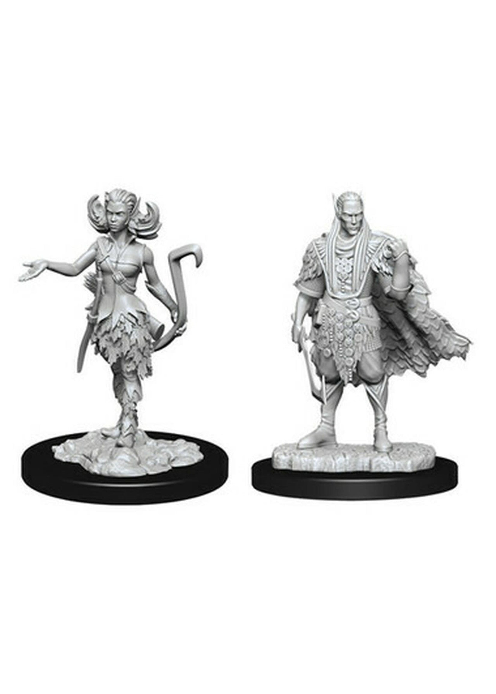 D&D Nolzur's Marvelous Miniatures: Autumn Eladrin & Summer Eladrin - Two unpainted Dungeons & Dragons miniatures depicting fantasy Eladrin characters, one with flowing robes and elegant foliage