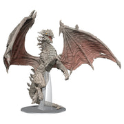 D&D: Icons of the Realms: Adult Lunar Dragon - Gray and muted red dragon figurine with large outstretched wings, detailed scales, and sharp claws on clear stand.