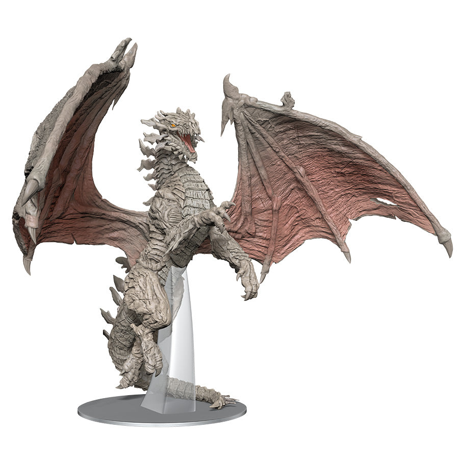 D&D: Icons of the Realms: Adult Lunar Dragon - Gray and muted red dragon figurine with large outstretched wings, detailed scales, and sharp claws on clear stand.