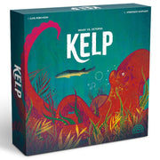 Kelp: Shark vs Octopus - Square board game box with teal background featuring red octopus tentacles and a shark swimming through kelp forest.