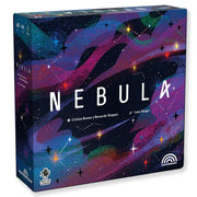 Nebula - Square board game box with vibrant cosmic design in purple, blue, and pink shades featuring stars and nebula shapes, titled.