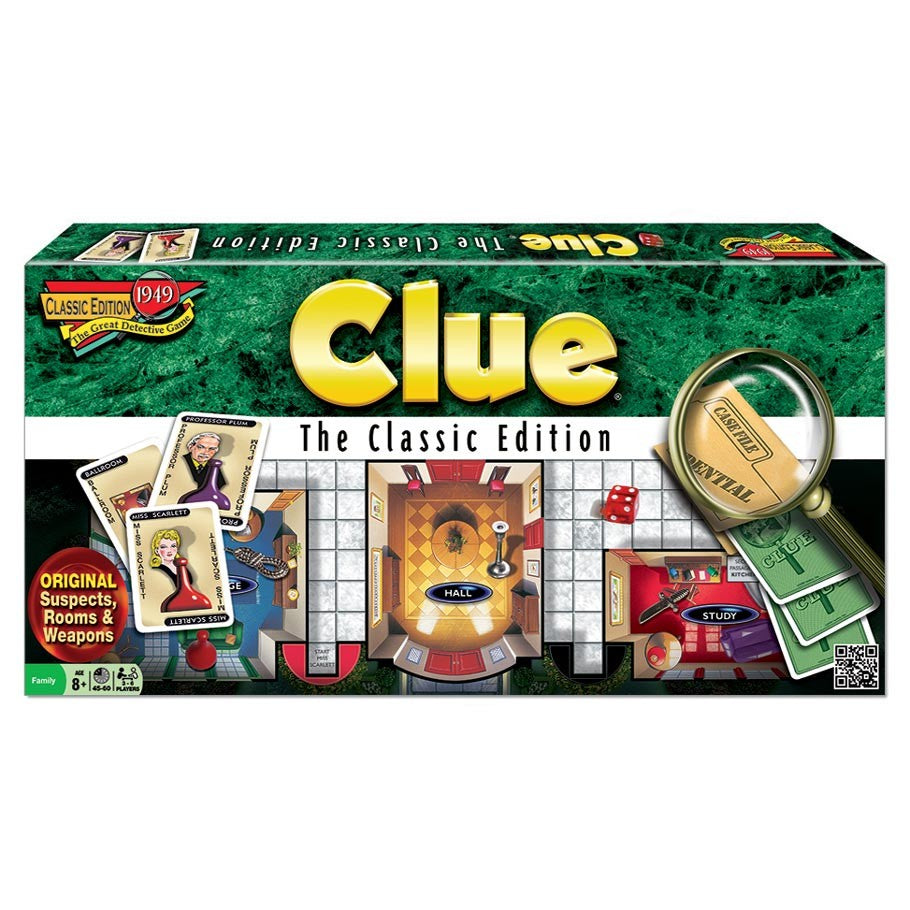 Clue Classic Edition - Clue Classic Edition board game box with magnifying glass, suspect cards, and game pieces on green background.
