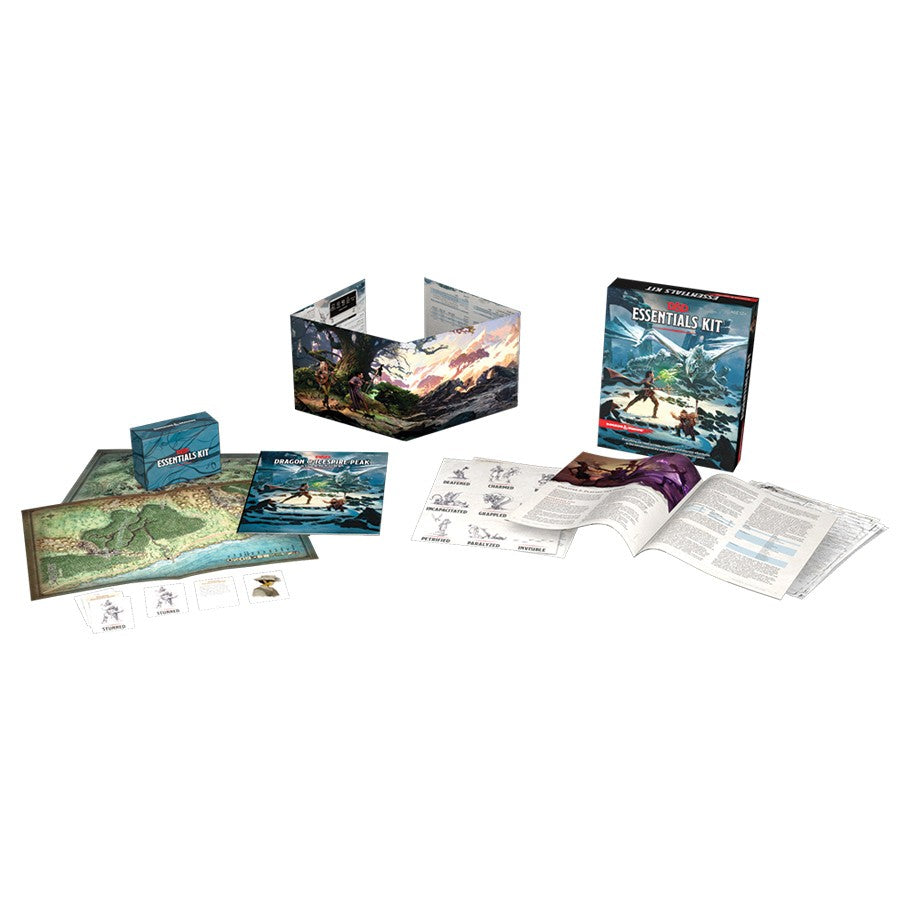 D&D 5E: Essentials Kit - Dungeons & Dragons Essentials Kit with adventure book, rulebook, maps, tokens, and character sheets laid out on white.