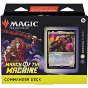 Magic: the Gathering -  March of the Machine Commander - Growing Threat - The Gathering March of the Machine Commander Deck with colorful creature artwork and featured foil card on front packaging.