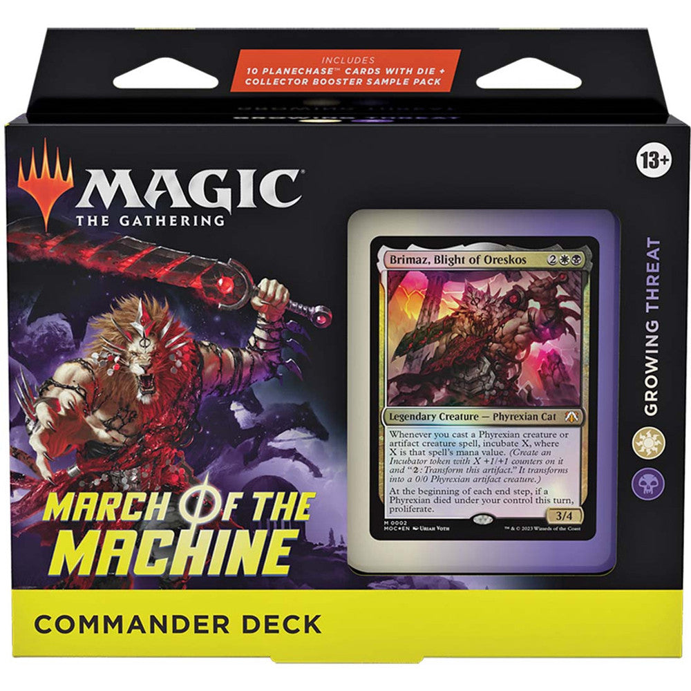 Magic: the Gathering -  March of the Machine Commander - Growing Threat - The Gathering March of the Machine Commander Deck with colorful creature artwork and featured foil card on front packaging.