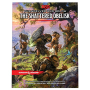 D&D 5E: The Shattered Obelisk - Colorful fantasy book cover showing adventurers battling near a large, cracked stone obelisk on a grassy hill under a.