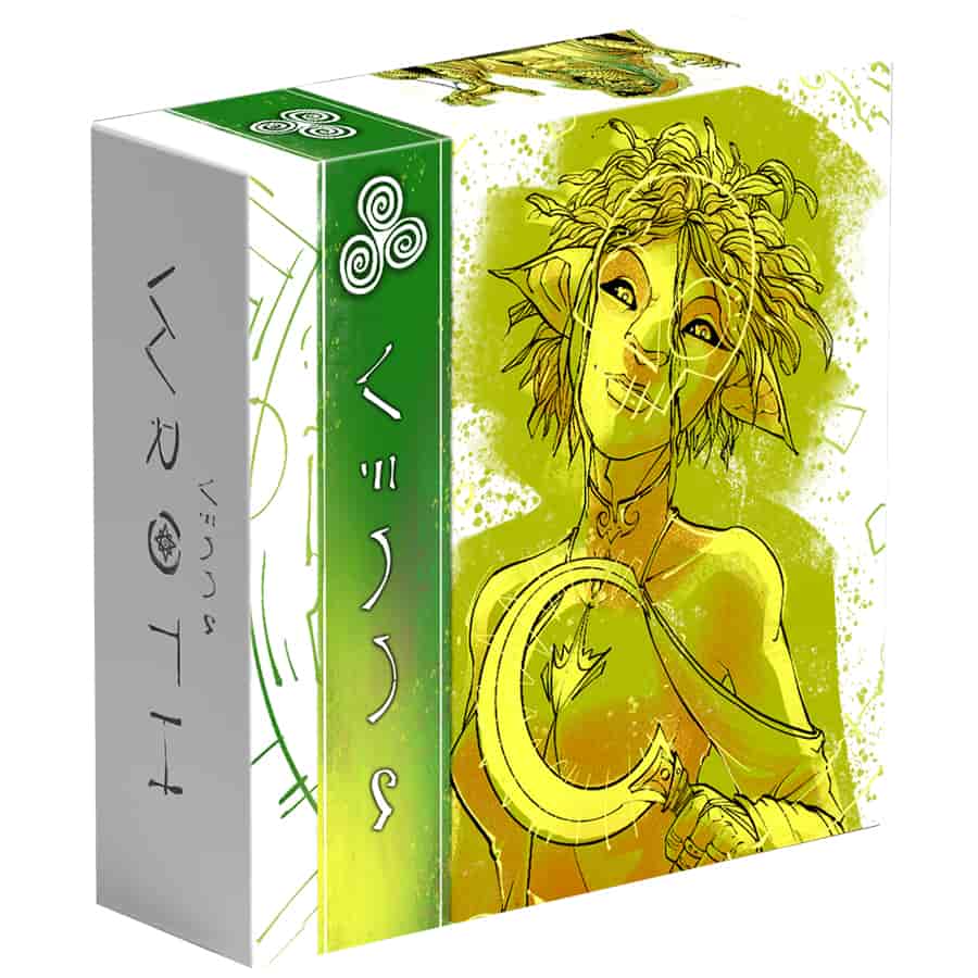 Wroth: Venna Faction - Board game expansion box with green-yellow hues, featuring a whimsical elf character holding a crescent-shaped object.