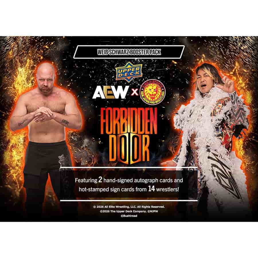 Weiss Schwarz: Forbidden Door Booster Display (PREORDER) - Weiss Schwarz Forbidden Door Booster Display featuring AEW and NJPW logos with images of two wrestlers, fiery background,.