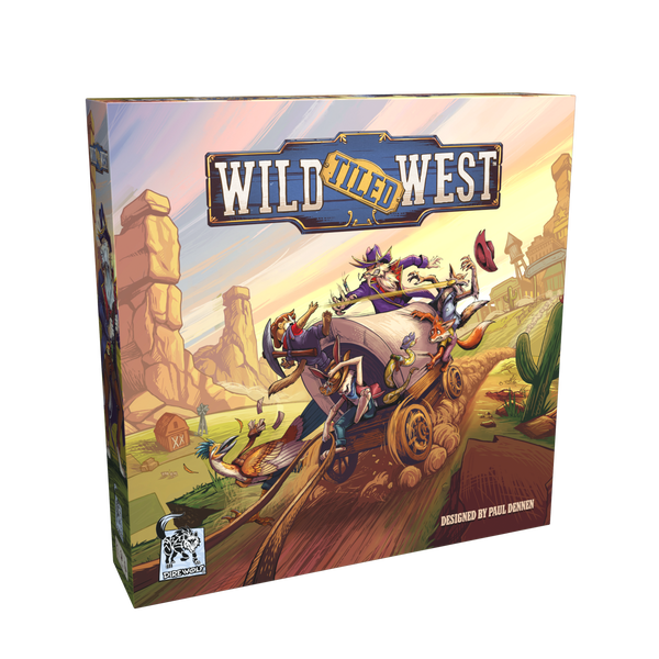 Wild Tiled West - Wild Tiled West board game box featuring a colorful Wild West scene with horses, wagon, and desert landscape.