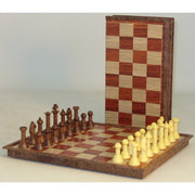 Magnetic Woody Chess Set - Magnetic wooden chess set with natural and dark pieces on a folding checkered board.