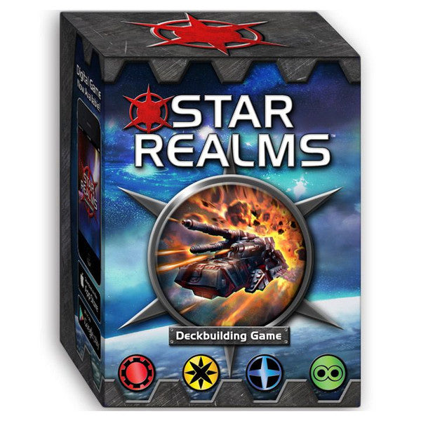 Star Realms: Deckbuilding Game - Compact game box with space battle artwork featuring a spaceship in fiery explosion, titled Star Realms Deckbuilding Game.