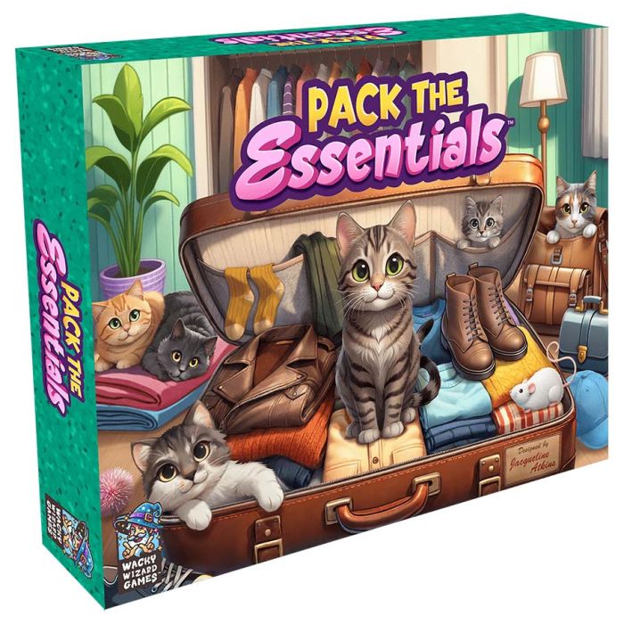 Pack the Essentials - Colorful board game box titled Pack the Essentials featuring illustrations of cats, boots, clothes, and a suitcase on a.