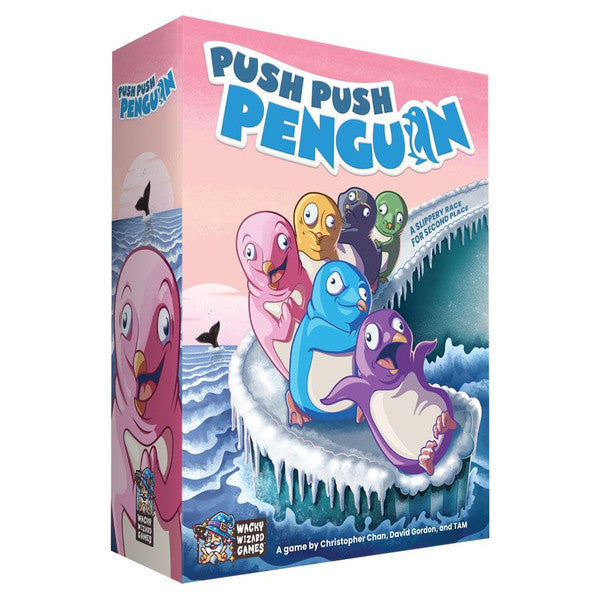 Push Push Penguin - Colorful game box featuring five cartoon penguins on icy blue and white frozen terrain with ocean waves in the background.