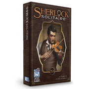 Sherlock Solitaire - Sherlock Solitaire game box with dark brown background, vintage-style illustration of a man playing violin, gold and white.
