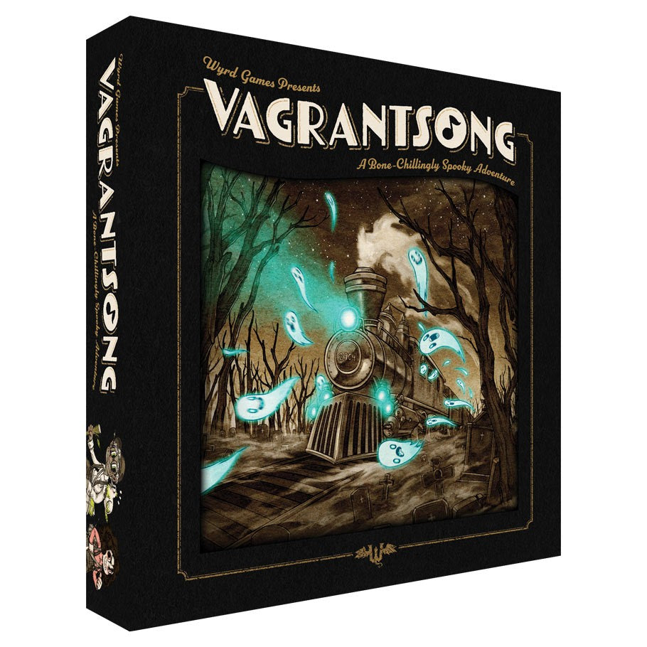 Vagrantsong - Vagrantsong board game box with dark forest artwork and glowing ghostly figures around a cloaked character.