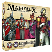 Malifaux 3rd Edition: Guild: Lucius Core Box - Malifaux 3rd Edition board game box featuring detailed artwork of four fantasy characters in elaborate armor and uniforms.