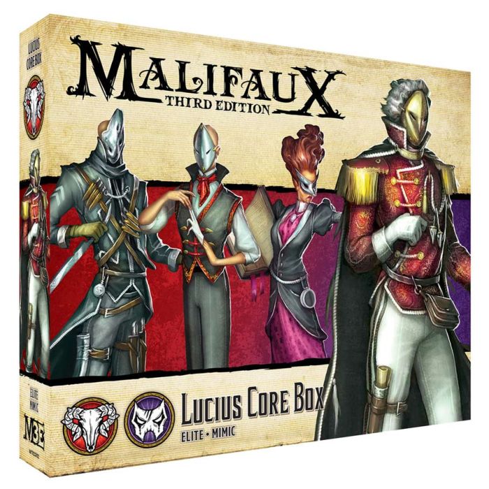 Malifaux 3rd Edition: Guild: Lucius Core Box - Malifaux 3rd Edition board game box featuring detailed artwork of four fantasy characters in elaborate armor and uniforms.