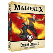 Malifaux 3E: Ember's Embrace - Board game box with fiery red and orange flames, featuring two dynamic characters in action poses on the cover.