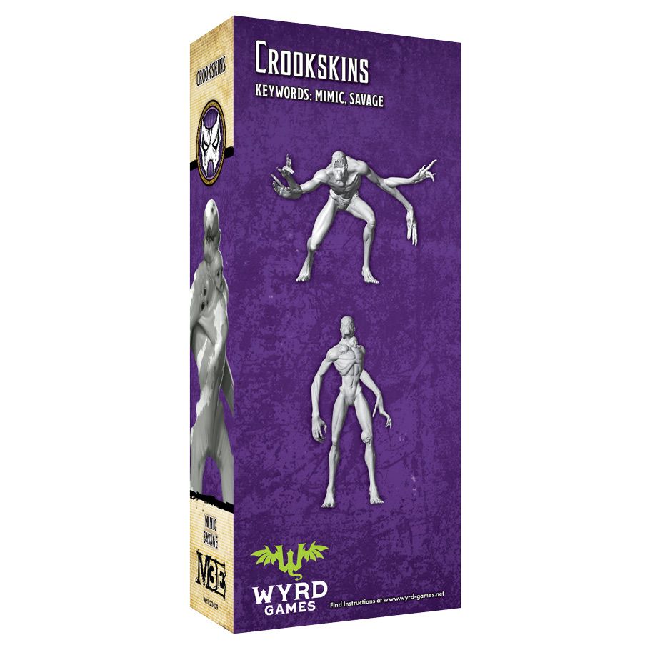 Malifaux 3rd Edition: Crookskins - Boxed set with purple background featuring unpainted gray miniatures of two humanoid creatures with elongated limbs and.