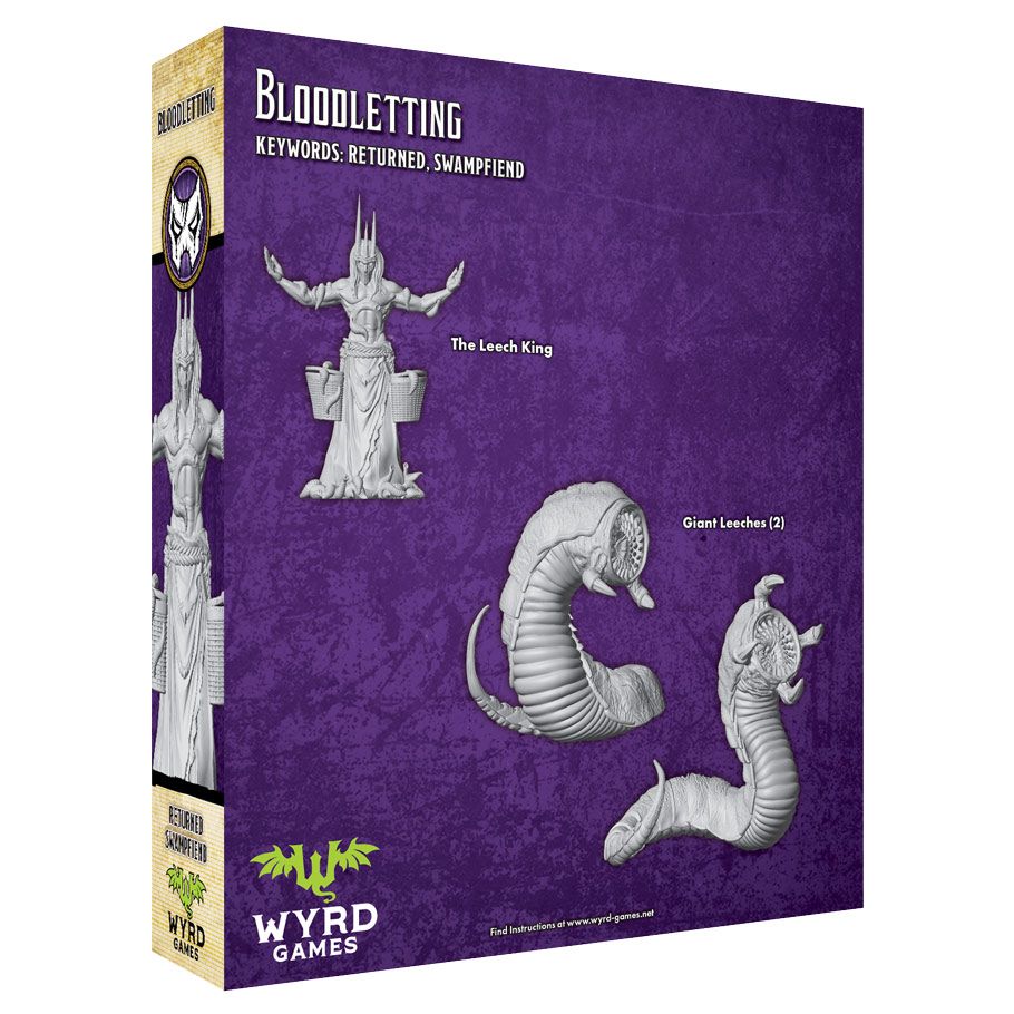 Malifaux 3rd Edition: Bloodletting - Malifaux 3rd Edition Bloodletting box with purple background featuring white miniature figures of a horned throne king and.