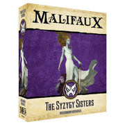 Malifaux 3rd Edition: The Syzygy Sisters - Board game box art featuring a female figure in a flowing white dress against a textured purple background, with the title.