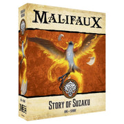 Malifaux 3rd Edition: Story of Suzaku - Board game box featuring a fiery phoenix with outstretched wings on a glowing orange background, titled Malifaux Story of.