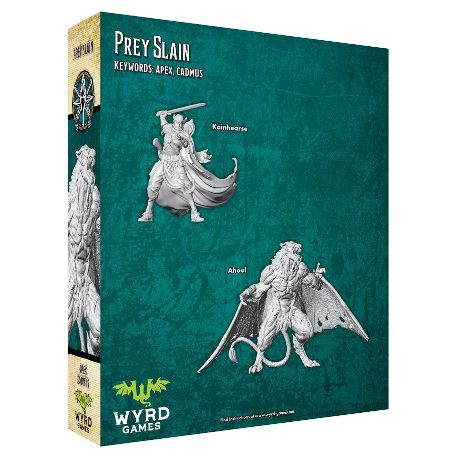 Malifaux 3rd Edition: Prey Slain - Dark green board game expansion box with white fantasy miniatures of armored figures with swords and wings on the back,.