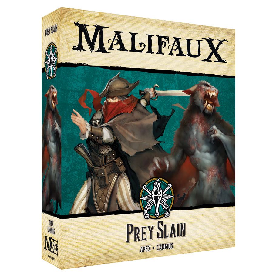 Malifaux 3rd Edition: Prey Slain - Malifaux 3rd Edition Prey Slain box featuring a cloaked figure with a dagger and snarling bears on a teal background.