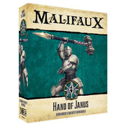 Malifaux 3rd Edition: Hand of Janus - Malifaux 3rd Edition Hand of Janus box with armored warrior holding a large hammer against a teal background.
