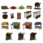 Dungeon Dressings: Merchant's Row - Miniature terrain pieces including market stalls with colored canopies, crates, sacks, fruit piles, and a black rat figure.