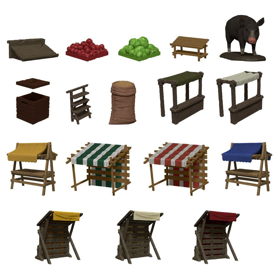 Dungeon Dressings: Merchant's Row - Miniature terrain pieces including market stalls with colored canopies, crates, sacks, fruit piles, and a black rat figure.