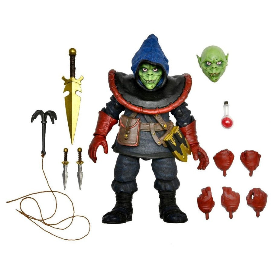 D&D: 7" Action Figure: Ultimate Zarak - 7" action figure of Ultimate Zarak with green goblin face, dark blue hooded outfit, red gloves, black boots, sword, staff,.
