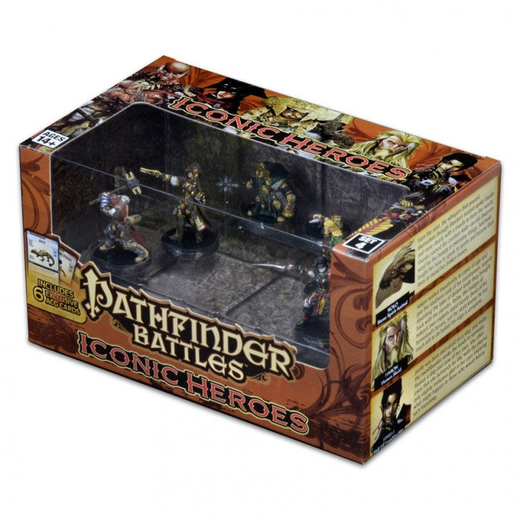 Pathfinder Battles: Iconic Heroes Box Set 4 - Box set with transparent front showing detailed fantasy miniature figures, titled Pathfinder Battles Iconic Heroes,.