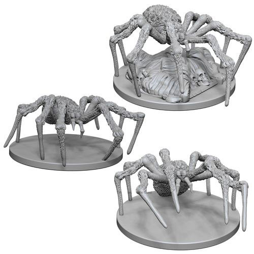 D&D Nolzur's Marvelous Miniatures: Spiders - Three detailed gray plastic spider miniatures with segmented legs and textured bodies on round bases, designed for tabletop.