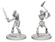 D&D Nolzur's Marvelous Minis: Skeletons - Two unpainted gray plastic skeleton warrior miniatures, one wielding a sword and shield with spiked armor, the other raising