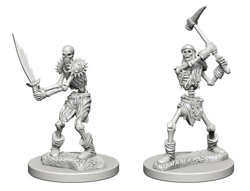 D&D Nolzur's Marvelous Minis: Skeletons - Two unpainted gray plastic skeleton warrior miniatures, one wielding a sword and shield with spiked armor, the other raising