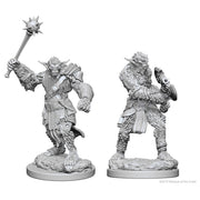 D&D Nolzur's Marvelous Minis: Bugbears - Two unpainted gray plastic miniatures of bugbear warriors; one wielding a spiked mace raised high, the other holding a.