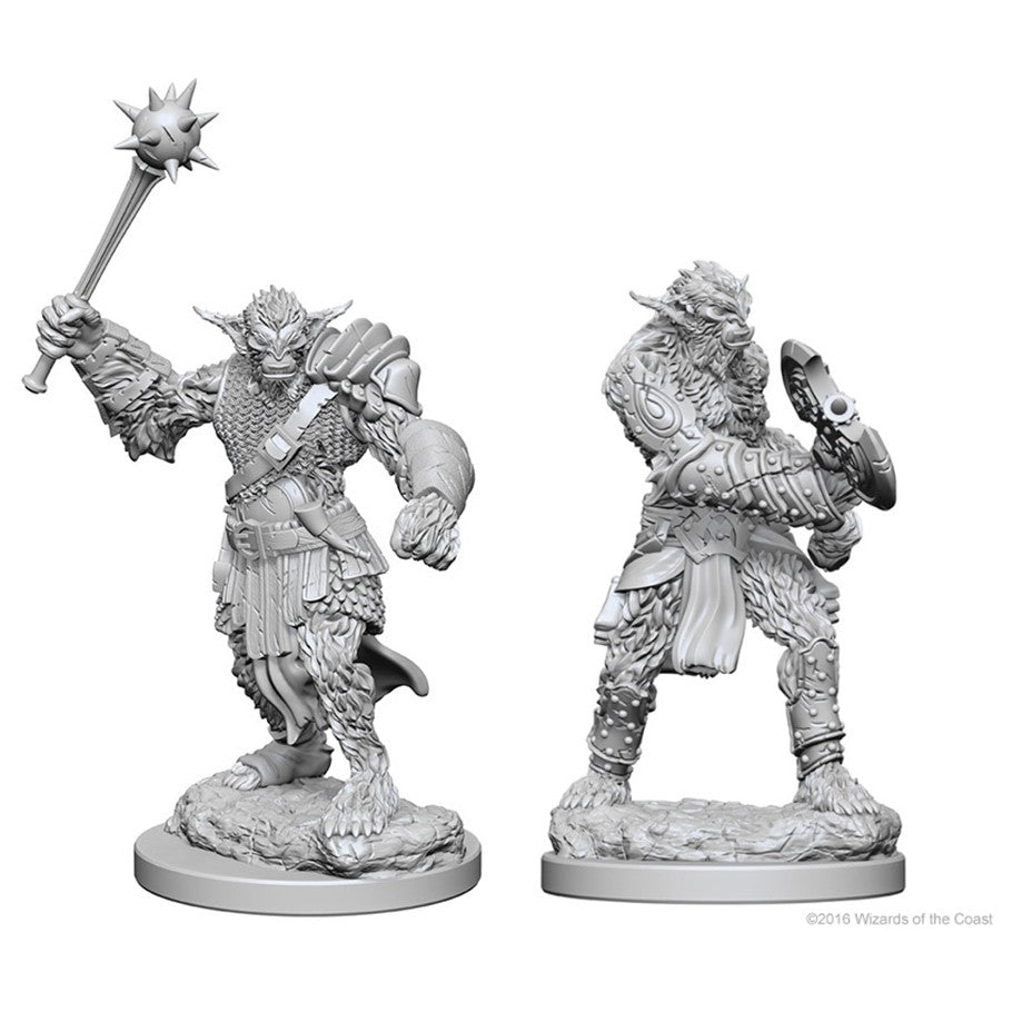 D&D Nolzur's Marvelous Minis: Bugbears - Two unpainted gray plastic miniatures of bugbear warriors; one wielding a spiked mace raised high, the other holding a.